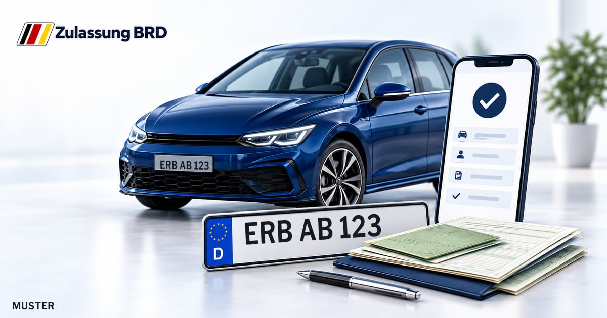 Online Fahrzeugzulassung in Bad König: Musterkennzeichen ERB AB 123, Auto und Fahrzeugpapiere und Smartphone. Illustration mit Logo von Zulassung BRD.